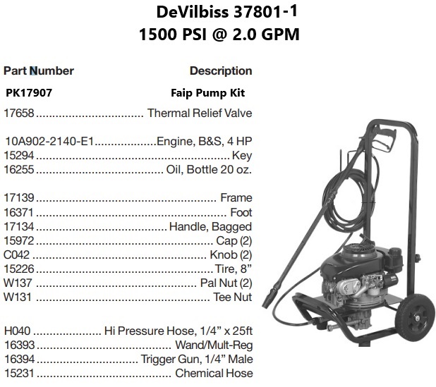 DEVILBISS model 37801-1 power washer parts